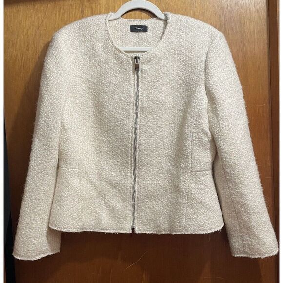 THEORY BLAZER WOMENS SIZE 14 CREAM WOOL BLEND ZIP UP FULLY LINED DESIGNER JACKET - Picture 1 of 7